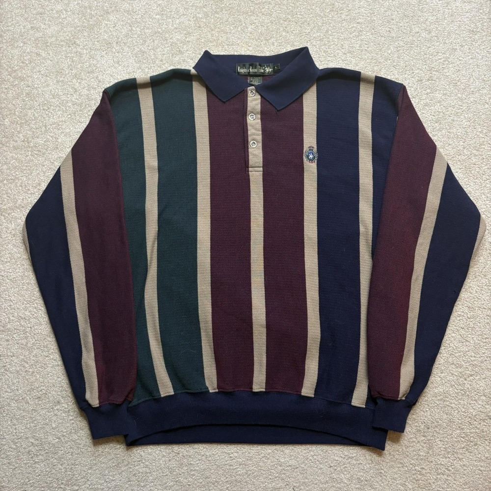 Knights Of Round Table Polo Rugby Shirt Large Multicolor Striped Long Sleeve